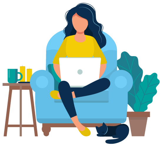 Illustration of a donor in a comfortable chair with laptop