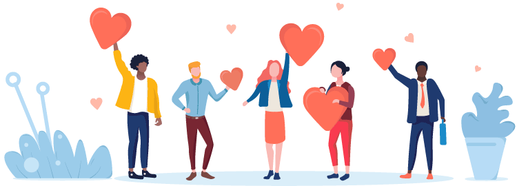 illustration of a team holding up hearts