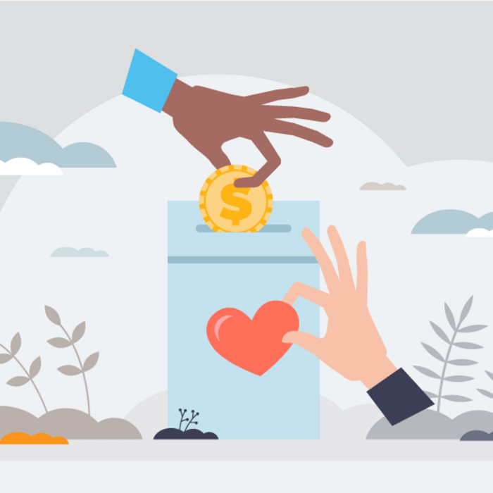 hand putting in a coin in a box and the box providing a heart to another hand