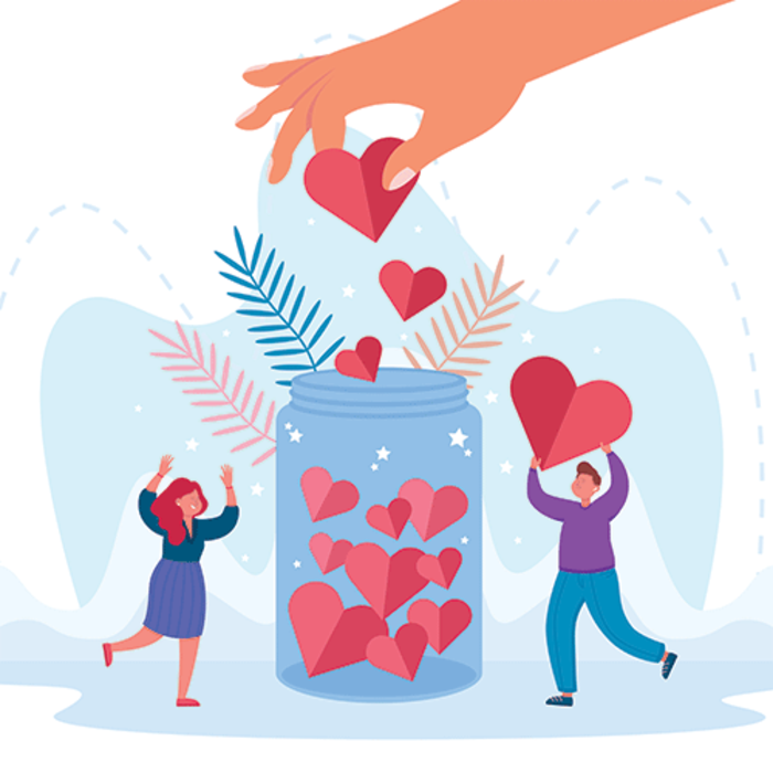 filling a jar with hearts illustration