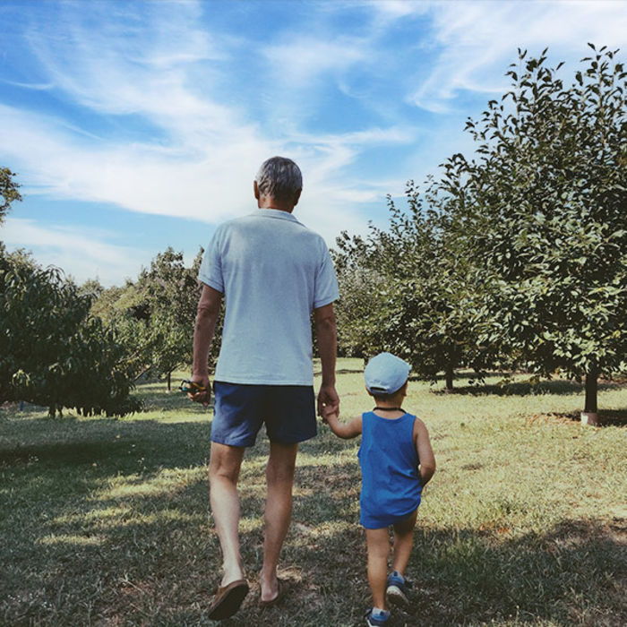 Grandparent walking with Grandchild in an orchard
