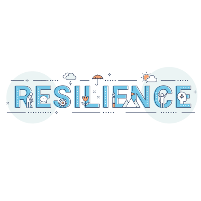 the word resilience illustrated with small icons of mountains, an umbrella and more
